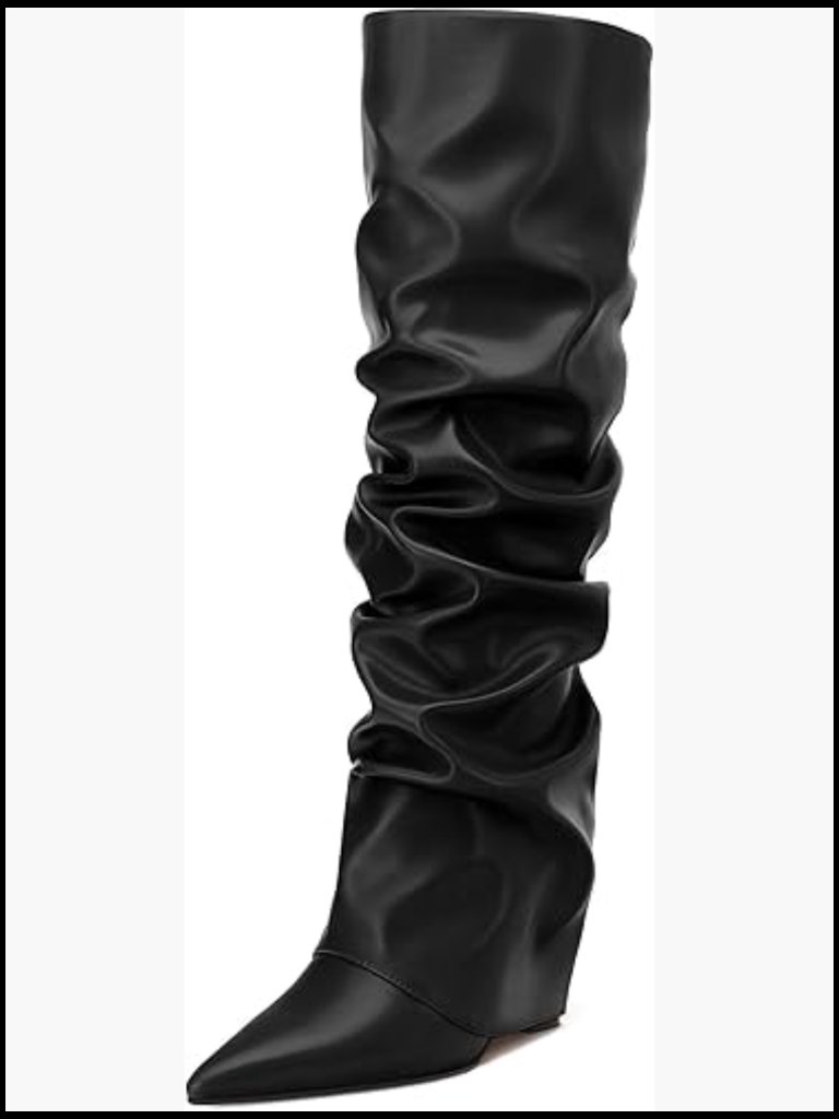 Fold Over Knee High Boots Wedge Heel Pointed Toe Wide Calf Ruched Slouchy